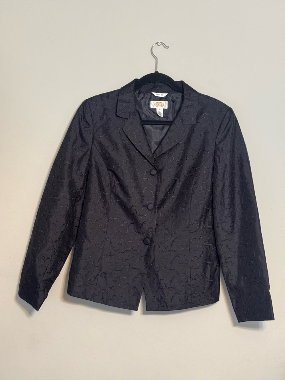 Talbots Women's Black Floral-Embroidered Notch-Collar Blazer 100% Silk Size 10